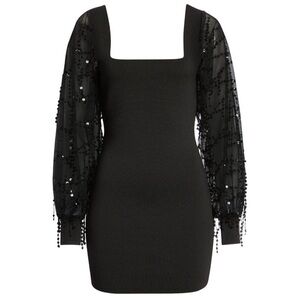 Bebe Sequin Illusion Puff Long Sleeve Sweater Dress in Black Small